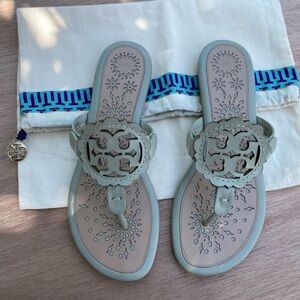 Tory Burch Rare Miller Sage Leather Scallop Sandal.